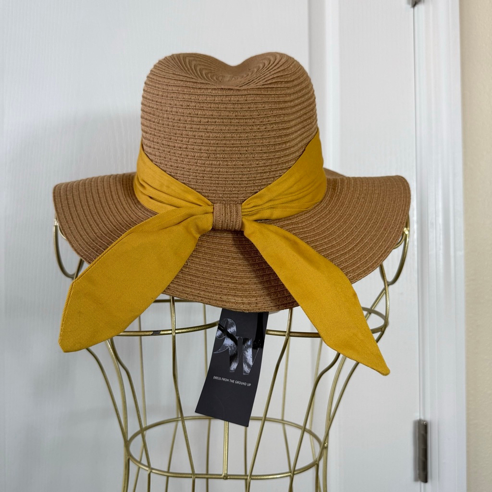Women's Nine West Brown Straw Hat with Mustard Ribbon One Size